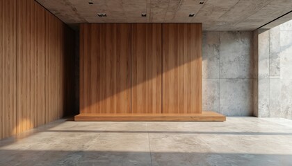 Modern interior with concrete ceiling and walls. Warm wood panels create a central feature with a stepped wooden base. Natural light streams in creating shadows on the tiled floor.