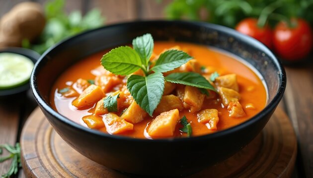 Bright Panang curry in black bowl. Orange curry with chunks of vegetables, garnished with fresh green leaves. Served on wooden table with lime slice and tomatoes in background. Delicious Thai meal.
