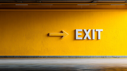 A vibrant yellow wall featuring a bold white EXIT sign with an arrow, directing towards an exit point in a modern, minimalistic space.