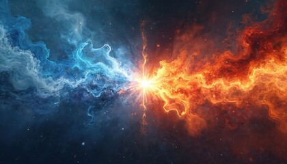 Naklejka premium Abstract cosmic clash of blue ice and red fire energy. Celestial forces collide in vibrant nebula, creating bright star burst in deep space. Intense duality and power.