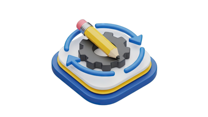 3D Icon: Pencil on Gear with Circular Arrows