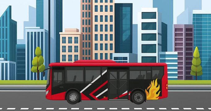 Red bus with flames driving in city suits travel, transportation, and urban themes for design projects, advertising, and marketing.