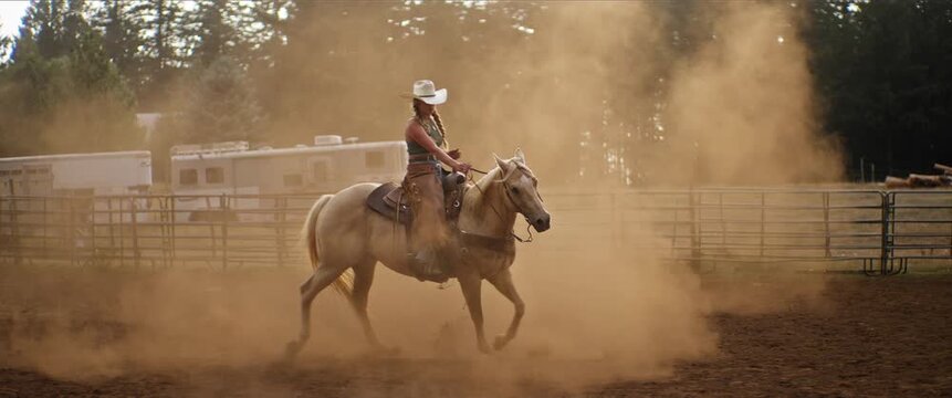 Cowgirl on horseback working cattle in dusty arena at sunset, slow motion