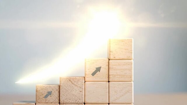 Wooden blocks stacked to create upward steps with glowing arrow suggesting growth.