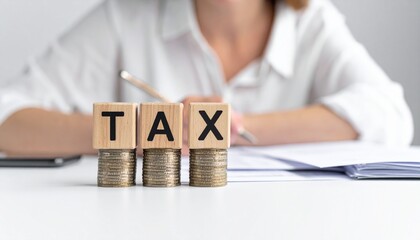 Stacks of coins with wooden blocks spelling 'TAX' on top, with an individual working at a desk in the background &ndash; symbolizing digital tax calculations, financial planning, accounting, online taxation