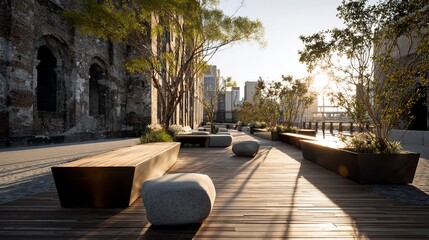 Fototapeta premium Urban park with wooden deck, stone seating, ruin backdrop, cityscape beyond