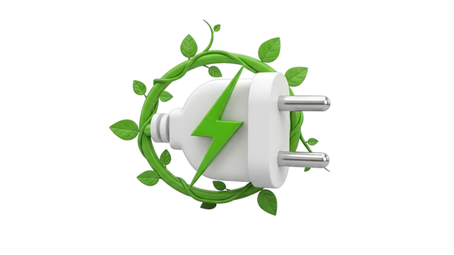 Green Energy Concept: Electrical Plug Wrapped in Vines with Lightning Bolt - Powered by Adobe