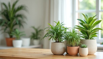 Obraz premium Various green houseplants sit in pots on a wooden table near a window. The room is bright and airy with natural light illuminating the potted flora collection.