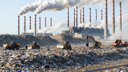 Aerial view of a city dump. Garbage trucks unload garbage and bulldozers. Slow motion.

