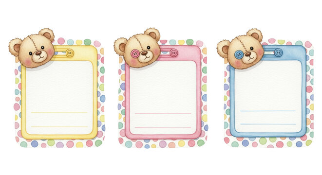 Three distinct pastel watercolor name tag frames, decorated with cute fluffy teddy bears and soft polka dots, isolated on a transparent background. Concept for school stationery