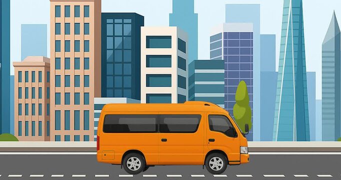 Yellow minivan driving on city street with tall buildings, suitable for travel, transportation, urban, and cityscape concepts.