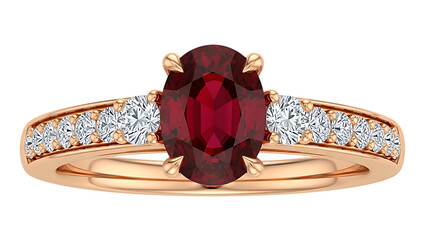 Elegant rose gold ring showcasing a vibrant oval ruby or garnet with sparkling diamond accents