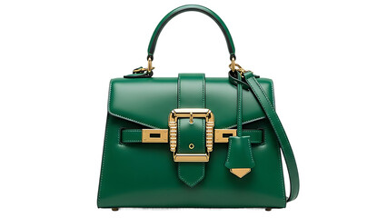 Elegant emerald green leather handbag with prominent gold buckle and versatile strap