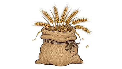 A rustic burlap sack overflowing with golden wheat stalks, symbolizing harvest and abundance