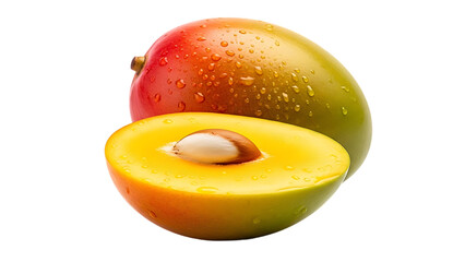Juicy ripe mango with water droplets, a delicious tropical fruit cut to show its vibrant yellow flesh and seed