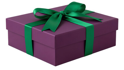 A beautifully wrapped purple gift box with a vibrant green ribbon and elegant bow, ready for any special occasion