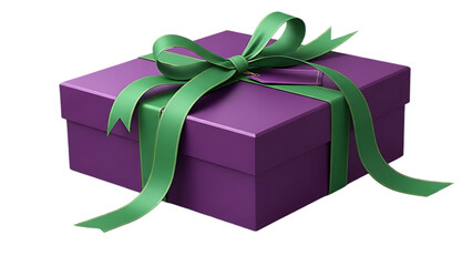 A charming purple gift box with an elegant green ribbon and a delicate bow