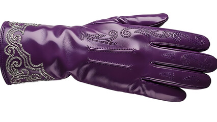 Elegant purple glossy glove with intricate silver embroidery and embossed scroll patterns
