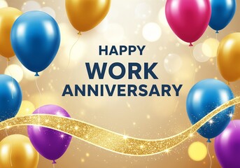 Colorful balloons in blue, pink, and gold with the text "Happy Work Anniversary" against a sparkling golden background.