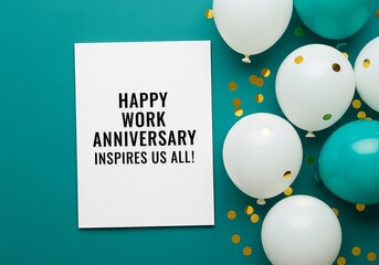 A flat lay of a card that reads "Happy Work Anniversary Inspires Us All!" surrounded by teal and white balloons and gold confetti.