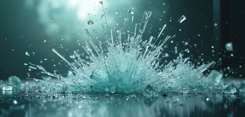 Glass shatters outwards creating sharp crystalline shards flying mid-air against a dark background. Fragments scatter with dynamic frozen motion and light glinting off their fractured surfaces.