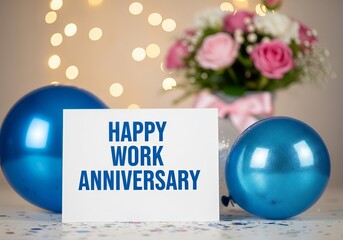 A "Happy Work Anniversary" card sits among blue balloons and a bouquet of pink flowers, with soft lights in the background.