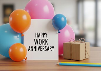 Colorful balloons surround a card that reads "Happy Work Anniversary," alongside a small gift box on a wooden table.