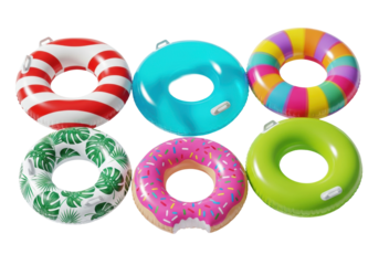 Six diverse, glossy vinyl swim rings (donut, striped, tropical, neon) arranged closely, casting shadows on a transparent background, high-key studio shot, concept of summer vacation and water
