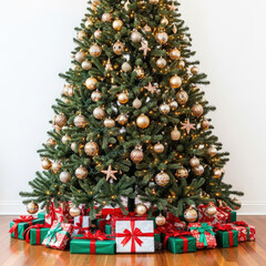 Beautifully Decorated Christmas Tree with Presents Underneath.
