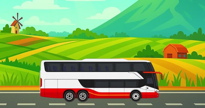 Red and white doubledecker bus in countryside. Perfect for travel brochures, transportation ads.