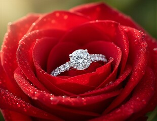 Diamond Ring Amidst Red Rose Petals