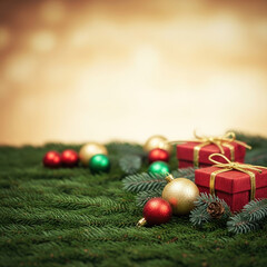Christmas Gifts and Ornaments on Fir Branches.