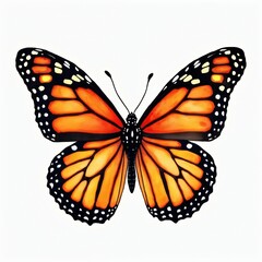 Fototapeta premium Bright monarch butterfly illustration with orange black and white patterns. Insect isolated on white background, perfect for nature art and graphic design.