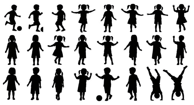 Solid black vector silhouettes of young boys and girls (ponytails, pigtails, dresses) in dynamic, playful poses (sprinting, cartwheeling), isolated on a transparent background. Concept of childhood