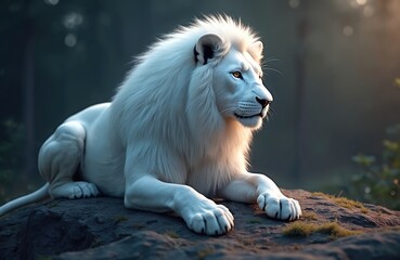 Obraz premium Majestic white lion rests on rocks in dappled sunlight. This rare albino predator has a thick mane and gaze, alert in its natural habitat, representing power and uniqueness.