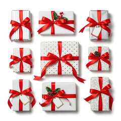 Collection of Nine Wrapped Christmas Presents with Red Ribbons.