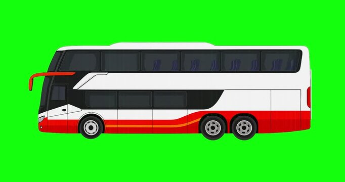 White and red doubledecker bus on green background. Perfect for travel brochures, tourism websites, transportation blogs, and city guides.