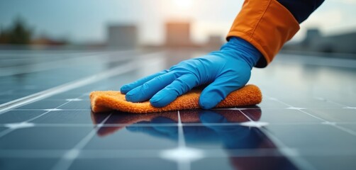 Worker hand in blue glove cleans solar panels with orange cloth on building roof. Maintenance for clean energy production. Worker cleans photovoltaic cells for efficiency.