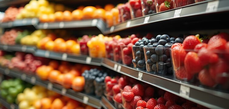 Store shelves display rows of assorted fresh fruits in clear plastic containers. Vibrant berries and oranges arranged neatly for sale. Healthy food options ready for consumers to purchase. - Powered by Adobe