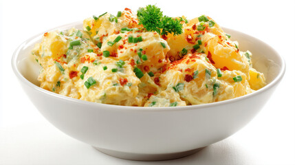Creamy Homemade Potato Salad in a White Ceramic Bowl Garnish with Fresh Green Chives and Red Paprika Powder, Traditional Side Dish for Picnic or Barbecue Isolated on High Key White Background