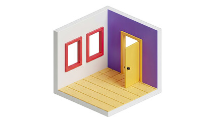 Isometric room with yellow door and red frames