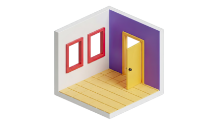 Isometric room with yellow door and red frames