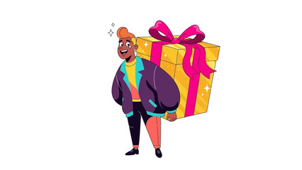 A person carrying a large gift box with a ribbon walking forward