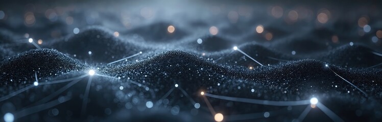 Dark digital landscape with glowing silver nodes interconnected by thin light lines. Abstract concept shows cyberspace connections, complex data flow, futuristic network structures on slate