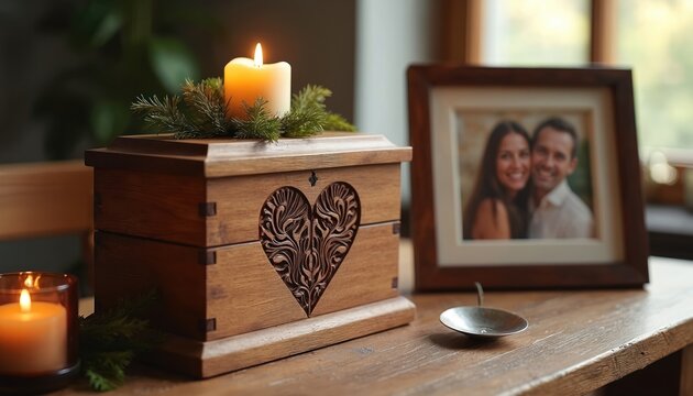 Wooden urn holds cremated remains. Candle and framed photo honor deceased loved one. Memorial tribute remembers family member. Sorrow and love shared at solemn ceremony.