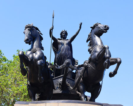 LONDON UNITED KINGDOM: Boadicea and Her Daughters is a bronze sculptural group in London representing Boudica, queen of the Celtic Iceni tribe, who led an uprising in Roman Britain
