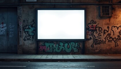 Grungy urban billboard mockup on a graffiti covered wall at night. A blank screen sits on a wet city street sidewalk, inviting your message. Textured, atmospheric backdrop.