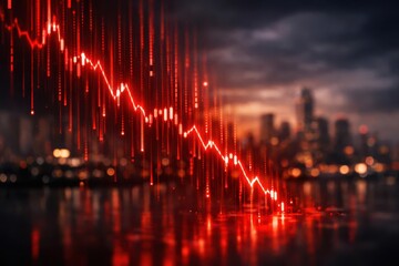 A stark red line graph plummets against a blurred cityscape, symbolizing financial downturn.