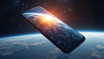 Smartphone floats in space above planet Earth, displaying sunrise over continents. Digital connection global world concept, futuristic tech device in universe.