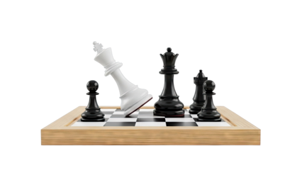 Fallen white king surrounded by black chess pieces on a board